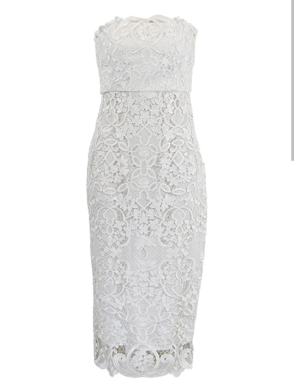 Badgley Mischka White Strapless Lace Midi Dress